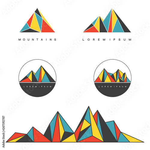 Polygonal mountain ridges. Set of geometric design elements for outdoor and adventure concept. Vector labels.