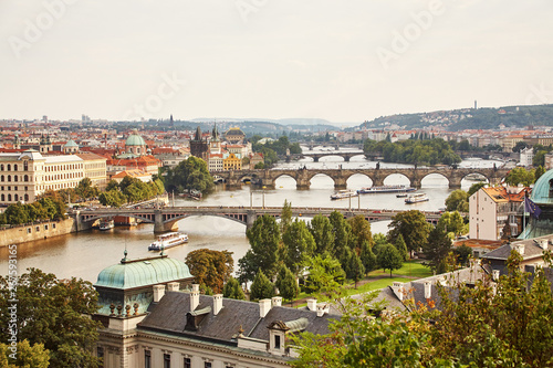 Panoramic city view of Prague. The Vltava River and bridges. Czech Republic.