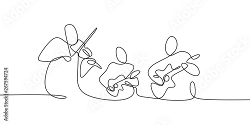 Classical music jazz players continuous one line drawing group of people play...