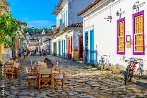 Street of historical center in Paraty, Rio de Janeiro, Brazil. Paraty is a preserved Portuguese colonial and Brazilian Imperial municipality