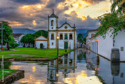 Historical center of Paraty at sunset, Rio de Janeiro, Brazil. Paraty is a preserved Portuguese colonial and Brazilian Imperial municipality