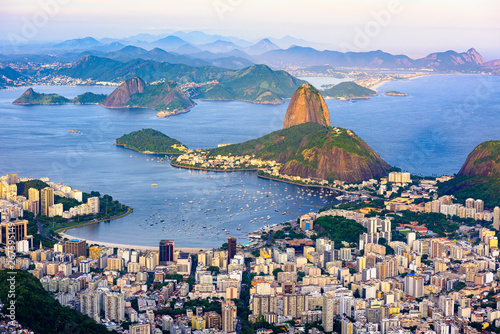 The mountain Sugarloaf and Botafogo in Rio de Janeiro, Brazil. One of the main landmark of Rio de Janeiro. Sunset skyline of Rio de Janeiro
