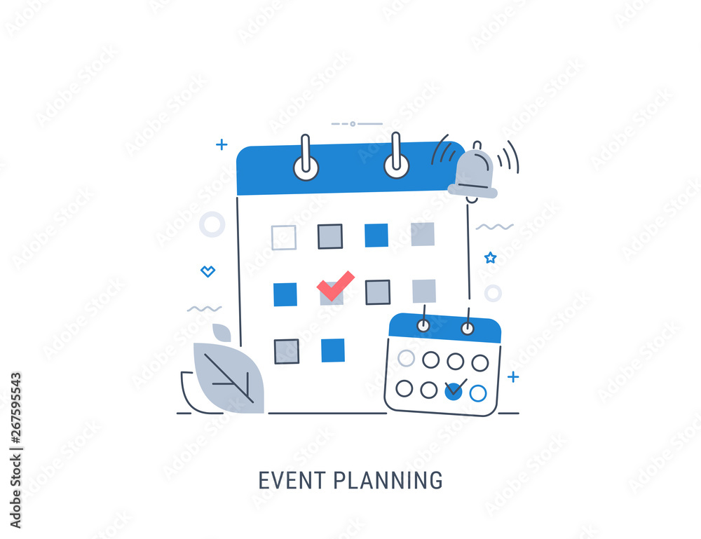 Event planning. Сalendar with event mark and bell reminder. Flat modern line-art vector illustration. Event planning. Сalendar with event mark and bell reminder. Flat modern line-art vector illustration.