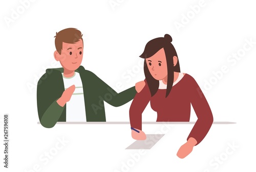 Boy helps girl to write essay or to do homework isolated on white background. Students or pupils preparing for school test or university examination together. Flat cartoon vector illustration.