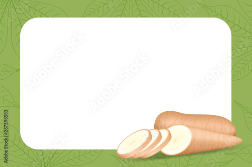 banner frame of cassava fresh for copy space, cassava cut slice for tapioca flour industry or ethanol, pile yucca cassava tuber on frame, raw manioc cassava on template banner green background empty