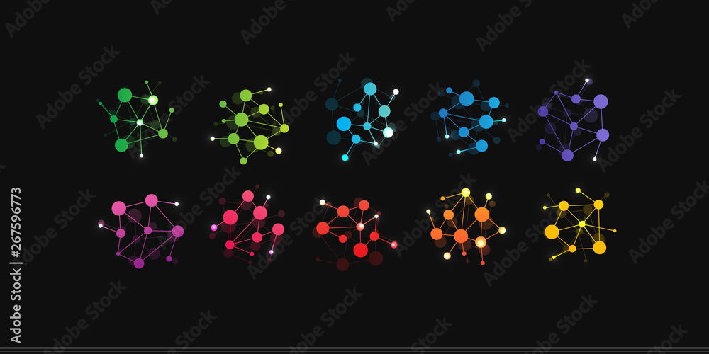 Communication technology icon. Colored dots connected by lines, a network of circles logo template. Modern emblem idea. Concept design. Isolated vector illustration on black background.