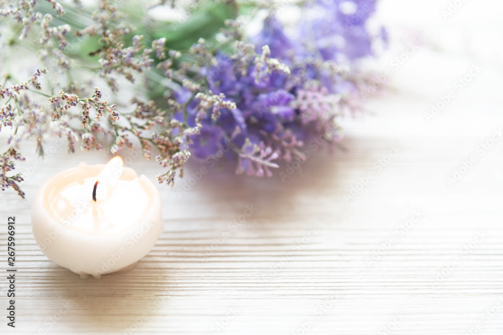 Lavender aromatherapy Spa with candle. Thai Spa relax Treatments and massage concrete background. Healthy Concept. Top view and Copy space for text