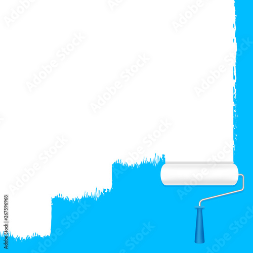 paint roller white on the blue wall for banner background and copy space text advertising, paint brush roller painted white on blue banner frame, blue area ad and paint brush roller, roller brush icon