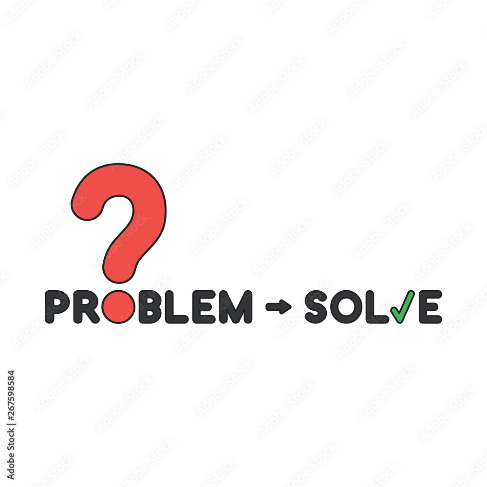 Vector icon concept of problem word with question mark and solve word with check mark. Black outlines and colored. Vector icon concept of problem word with question mark and solve word with check mark. Black outlines and colored.