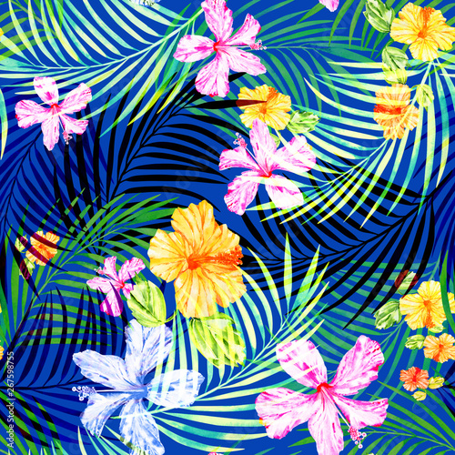 Fototapeta Naklejka Na Ścianę i Meble -  floral tropical seamless pattern on blue background.