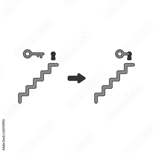 Vector icon concept of keyhole on top of stairs and unlock. Black outlines and colored.
