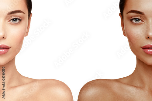 Tanning Skin face portrait. Woman before and after tan spray