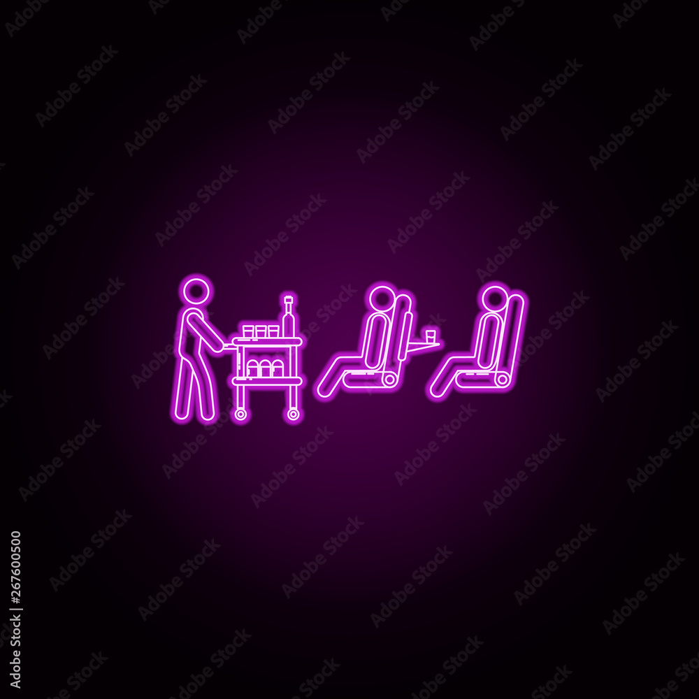 The stewardess serves food on neon icon. Elements of airport set. Simple icon for websites, web design, mobile app, info graphics The stewardess serves food on neon icon. Elements of airport set. Simple icon for websites, web design, mobile app, info graphics