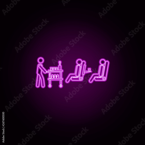 The stewardess serves food on neon icon. Elements of airport set. Simple icon for websites, web design, mobile app, info graphics