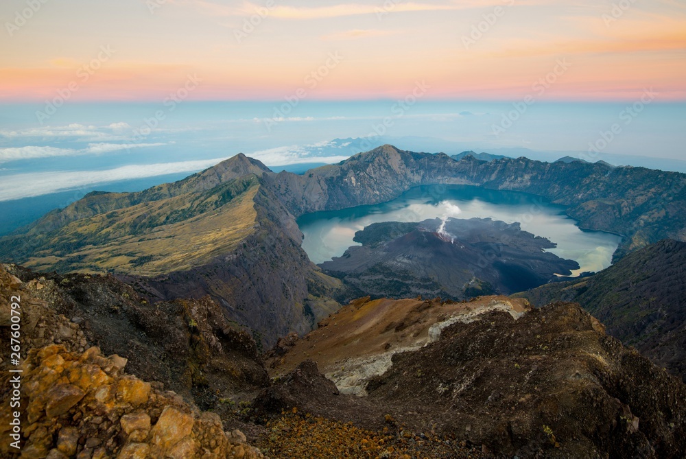 Sunrise from Mount Rinjani - active volcano - Lombok, Indonesia