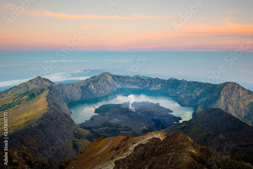 Sunrise from Mount Rinjani - active volcano - Lombok, Indonesia