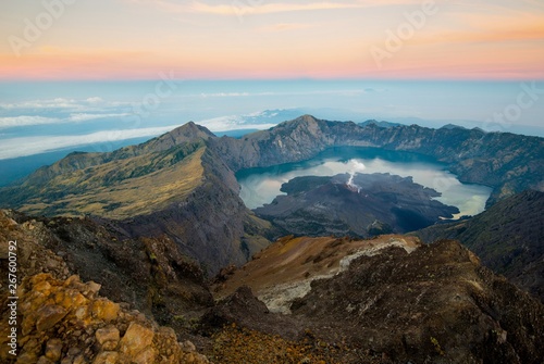 Sunrise from Mount Rinjani - active volcano - Lombok  Indonesia