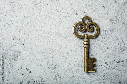 Old key on old gray concrete background. Copy space, top view. © Iryna Melnyk