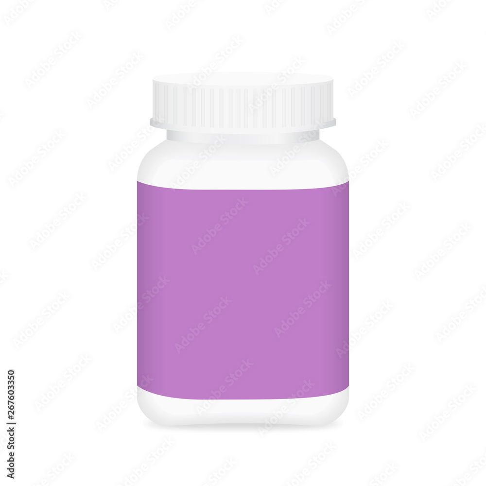 white medicine bottle and purple label, bottle plastic white packaging single blank for template design white background, package bottle packing pill, medicine, vitamin, drug tablet, supplement white medicine bottle and purple label, bottle plastic white packaging single blank for template design white background, package bottle packing pill, medicine, vitamin, drug tablet, supplement