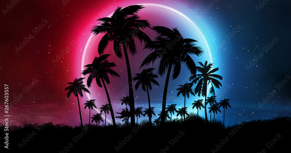 Space futuristic landscape. Neon palm tree, tropical leaves.