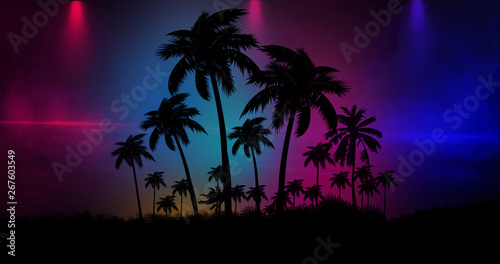 Space futuristic landscape. Neon palm tree  tropical leaves.