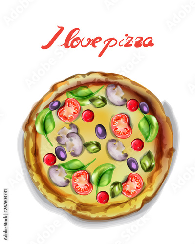 I love pizza Vector watercolor. Template icon poster. delicious foods