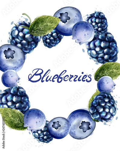 Blueberries frame Vector watercolor. Summer delicious fruits cards