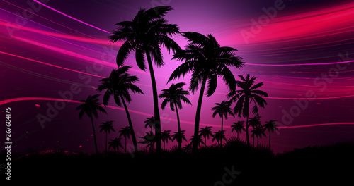 Space futuristic landscape. Neon palm tree, tropical leaves. © MiaStendal