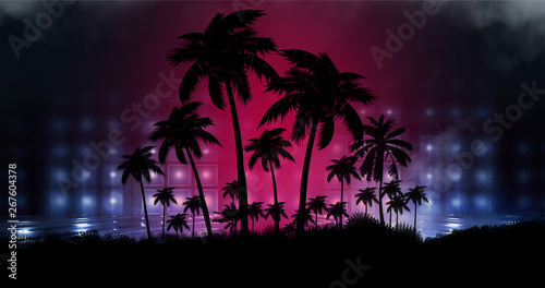 Kosmiczny futurystyczny krajobraz. Neonowe palmy, liście tropikalne.