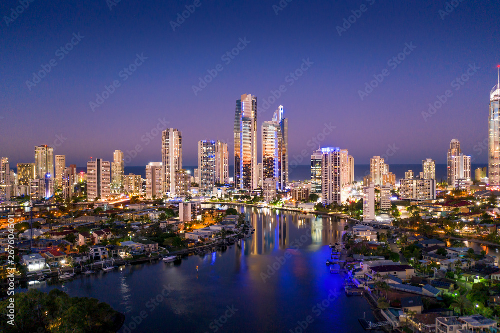 Sunset view of Surfers Paradise on the Gold Coast looking from the west
