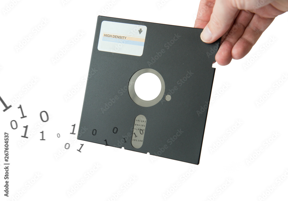 An isolated diskette with a simulation of binary data. This simulation can be for reading, writing or data loss An isolated diskette with a simulation of binary data. This simulation can be for reading, writing or data loss