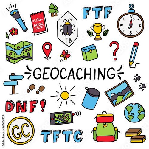 Geocaching colorful doodle drawing equipment set photo
