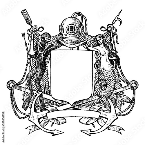 Medieval vintage heraldry. Flourishing Decoration for the coats of arms of a fantasy kingdom. Vector sketch hand drawn.