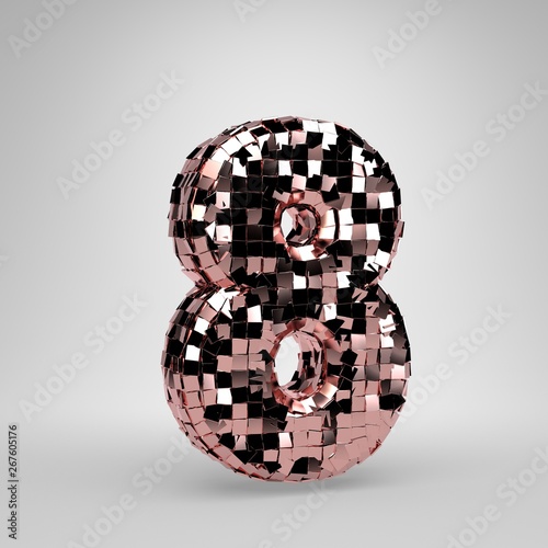 Rose Gold Disco ball number 8 on white background. 3D rendered alphabet.