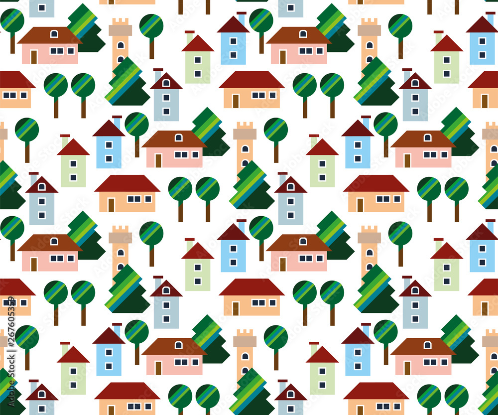 Town seamless pattern with colour houses and graphic trees
