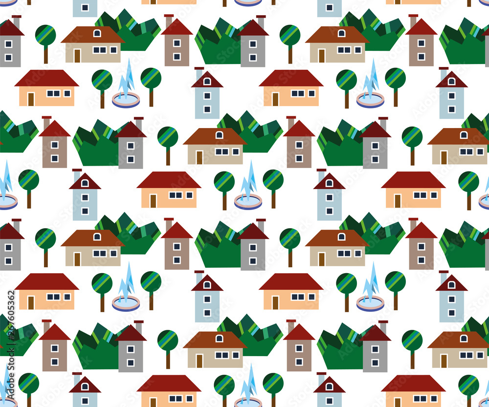 Town seamless pattern with colour houses and graphic trees Town seamless pattern with colour houses and graphic trees