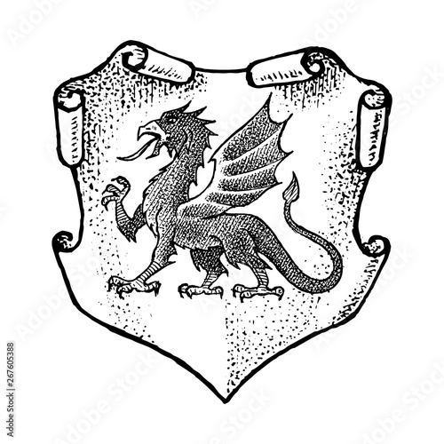 Animal for Heraldry in vintage style. Engraved coat of arms with dragon, mythical creature. Medieval Emblems and the logo of the fantasy kingdom.