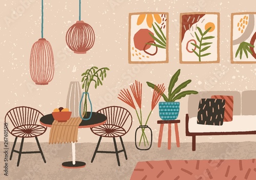 Stylish interior of cozy living room with sofa, chairs, table, pendant lights, home decorations. Comfortable apartment decorated in modern trendy Scandinavian hygge style. Flat vector illustration.