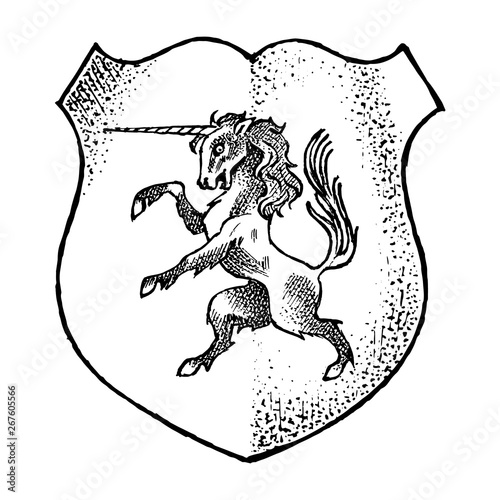 Animal for Heraldry in vintage style. Engraved coat of arms with unicorn, mythical creature. Medieval Emblems and the logo of the fantasy kingdom.