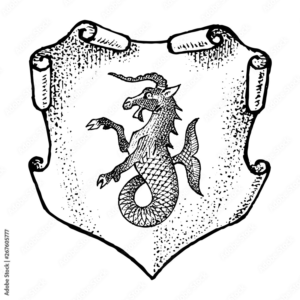 Animal for Heraldry in vintage style. Engraved coat of arms with goat fish,  mythical creature. Medieval Emblems and the logo of the fantasy kingdom.  Stock Vector | Adobe Stock