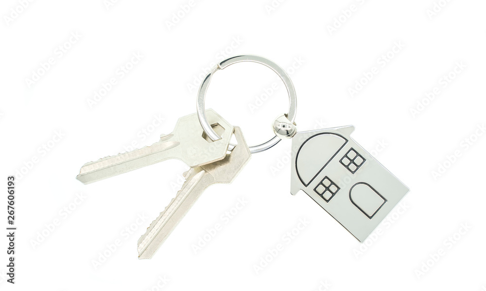 key chain with house symbol and keys on white background,Real estate concept key chain with house symbol and keys on white background,Real estate concept