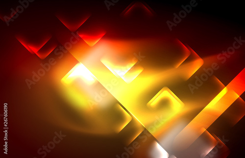 Neon glowing techno lines, hi-tech futuristic abstract background template with square shapes