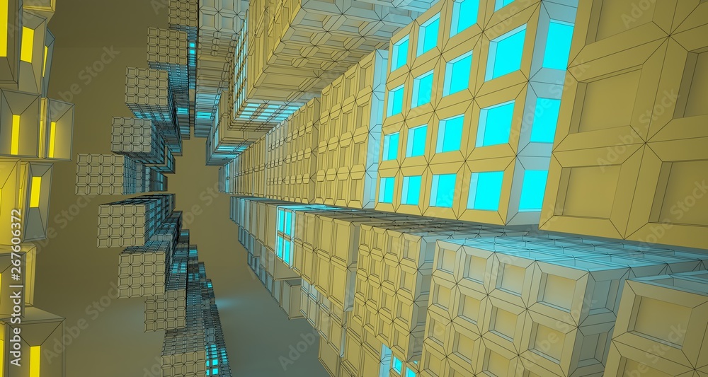 Obraz premium Abstract Drawing Futuristic Sci-Fi interior With Yellow And Blue Glowing Neon Tubes . 3D illustration and rendering.