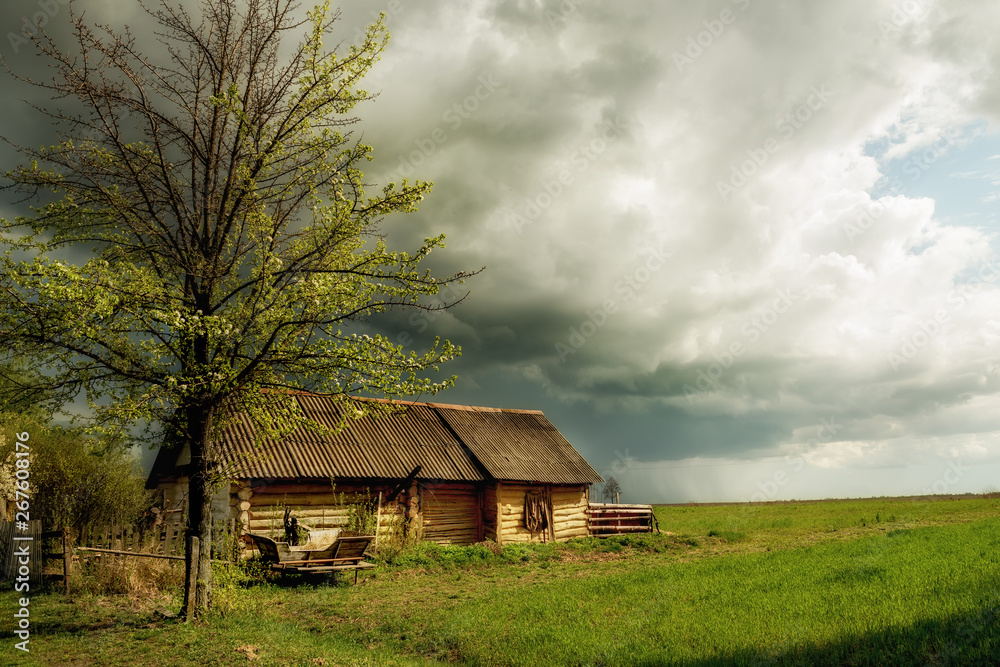 Fototapeta premium An old log cabin and an old cart. Vintage retro view in the countryside. Ukrainian village.