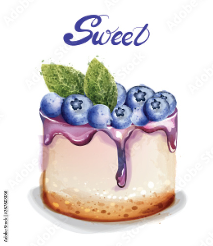Sweet berry cheesecake Vector watercolor. delicious desserts with fruit topings