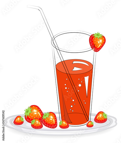 Delicious healthy refreshing drink. In a glass of natural fruit juice, ripe red strawberries on a plate. Vector illustration