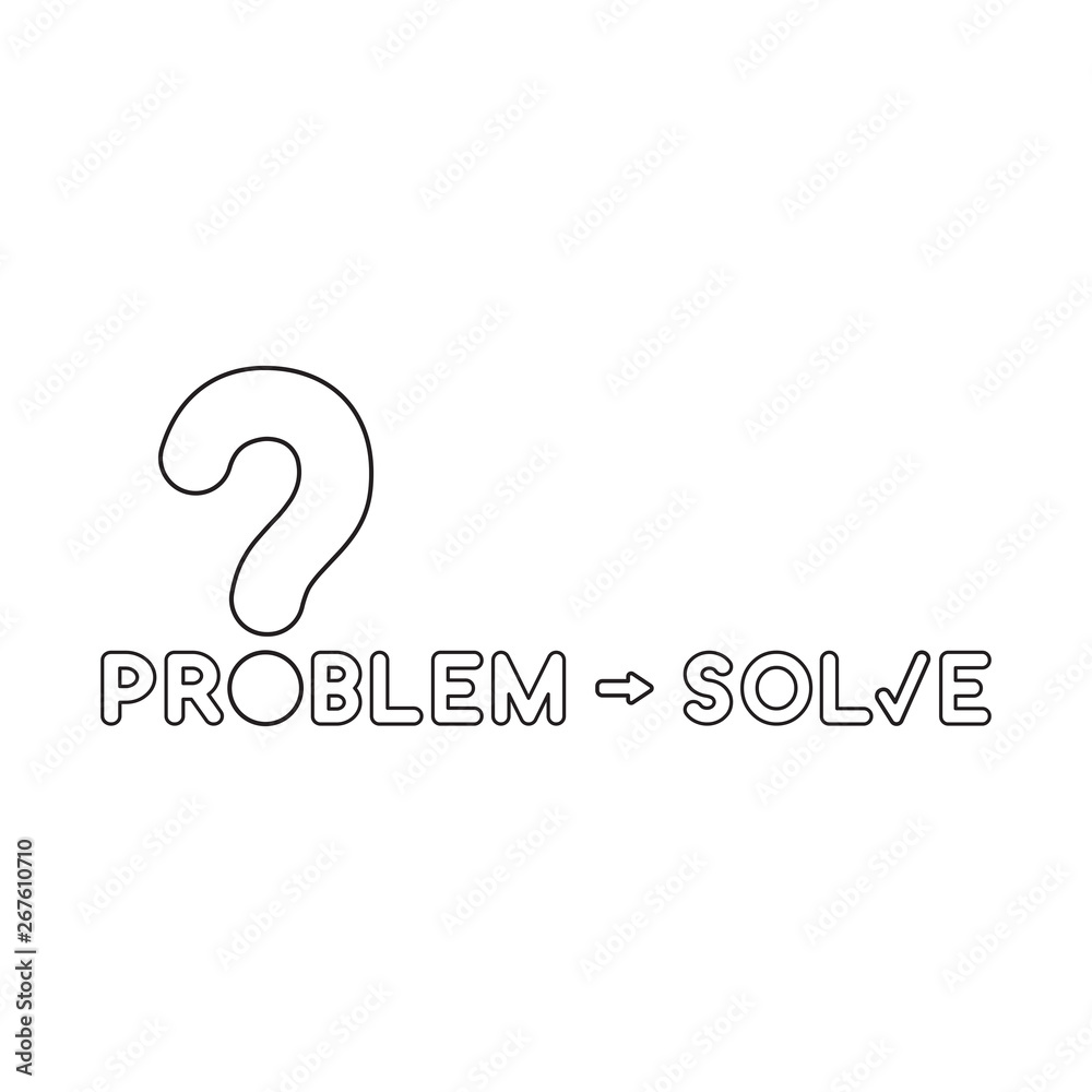 Vector icon concept of problem word with question mark and solve word with check mark. Vector icon concept of problem word with question mark and solve word with check mark.