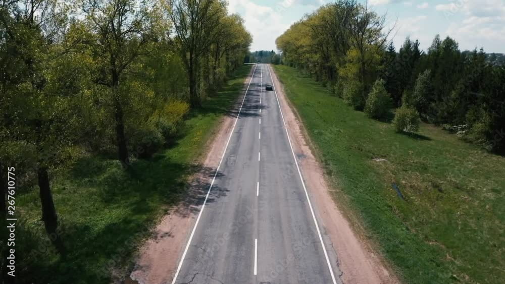 The drone flies over the road between the trees and watching the cars The drone flies over the road between the trees and watching the cars