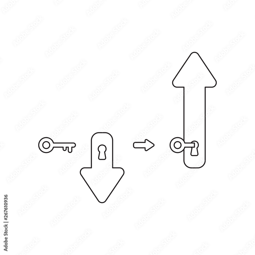 Vector icon concept of arrow moving down with keyhole, key unlock and arrow up. Vector icon concept of arrow moving down with keyhole, key unlock and arrow up.
