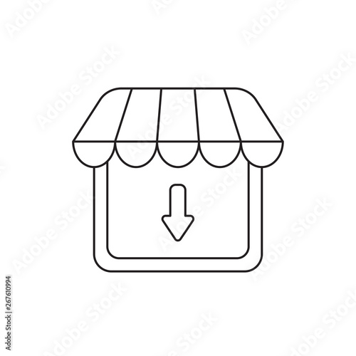 Vector icon concept of shop store with arrow down.